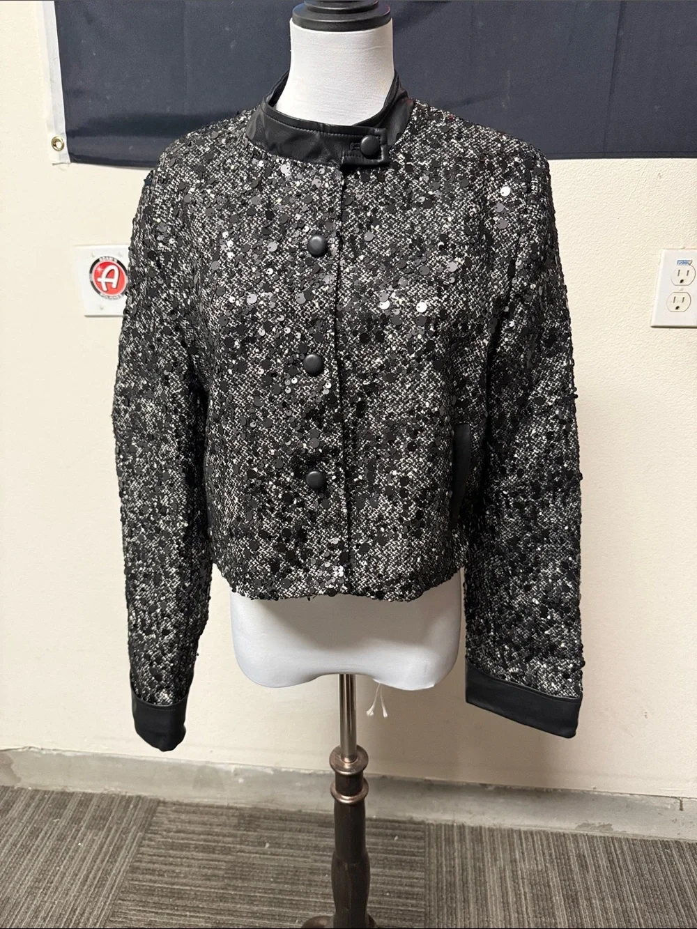 Black Tweed Sequin-Accent Boxy Jacket size M